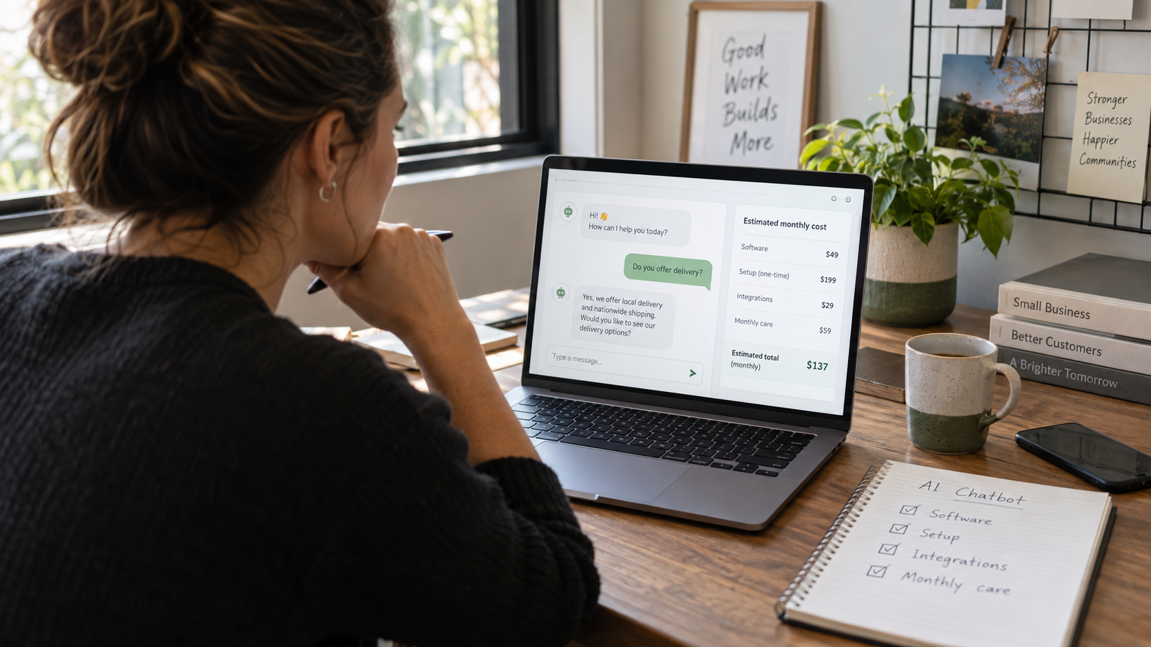 Small-business owner reviewing chatbot software, setup, integrations, and monthly care costs