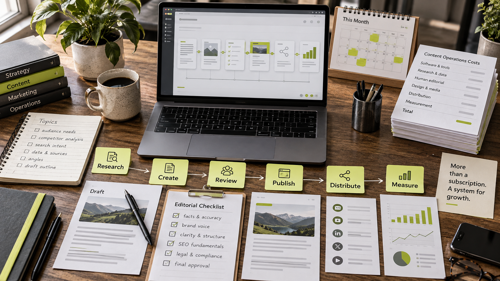 AI content workflow showing research, creation, review, publishing, distribution, and measurement