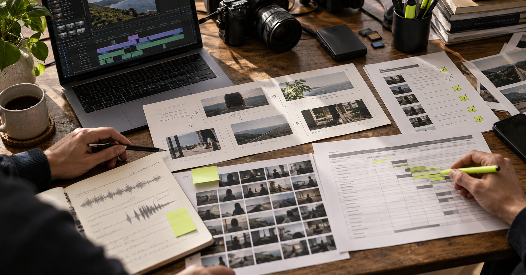 Creative production team reviewing an AI-assisted video edit, storyboard, audio notes, and budget layers