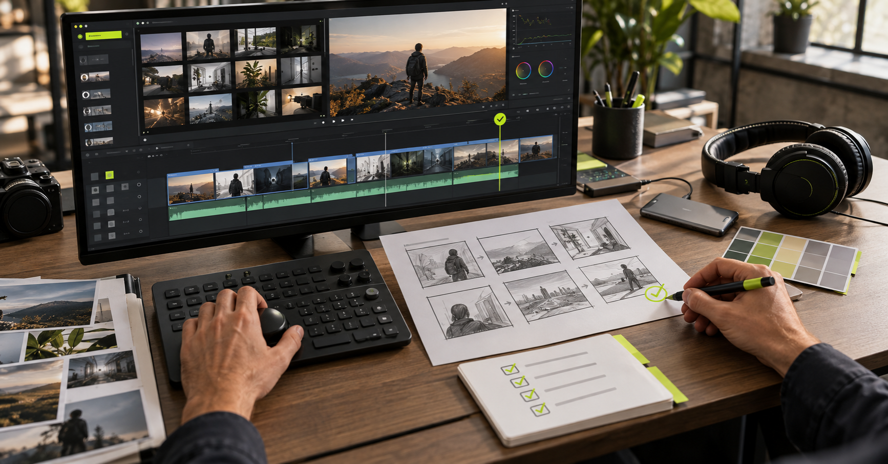 AI-assisted video production desk with editing timeline, storyboard, review checklist, and approved cut marker
