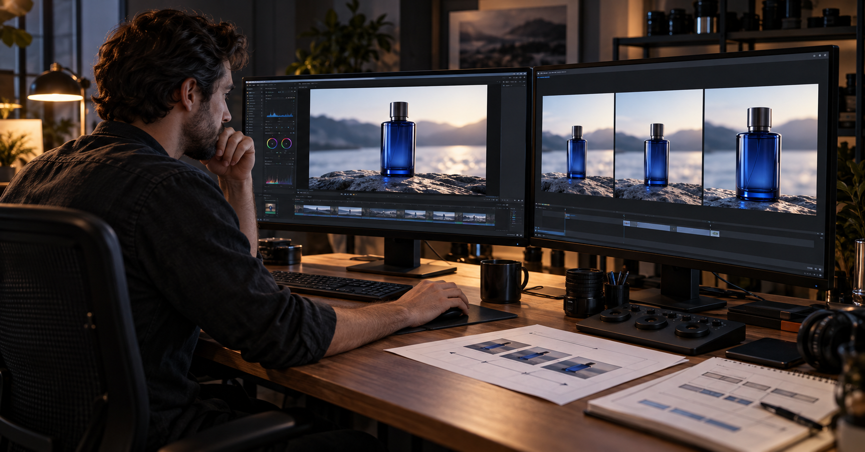 Creative director comparing an approved blue bottle frame with controlled motion tests and a shot log