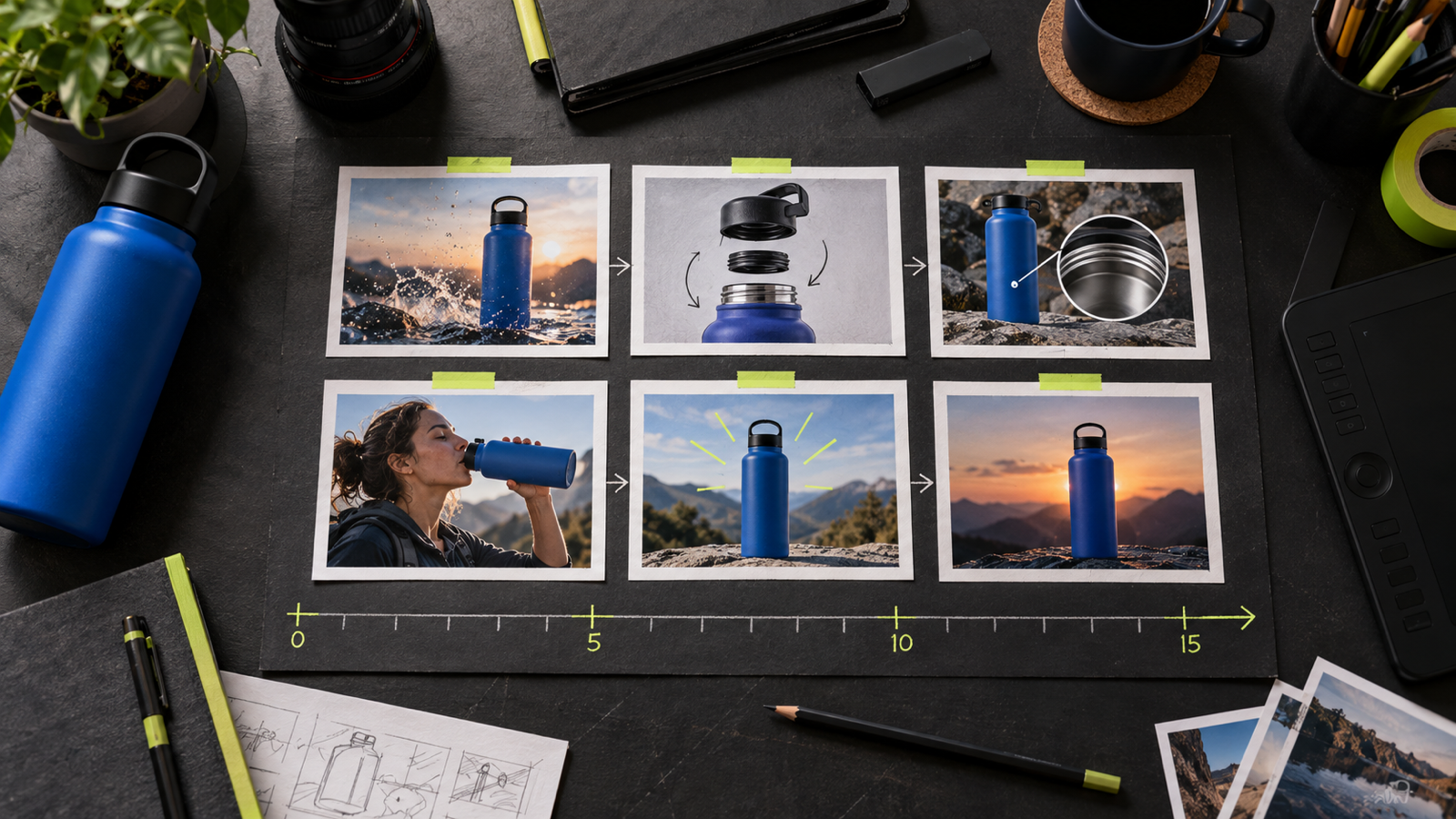 Six-frame storyboard for a short vertical product advertisement